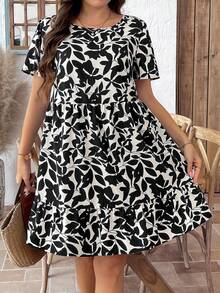 SHEIN LUNE 大码夏季休闲全身印花圆领荷叶边下摆连衣裙毕业礼服 - 黑色 - 查看 1