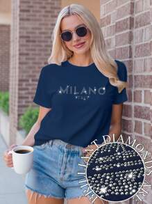 SHEIN LUNE 大码女款米兰意大利标语字母印花T恤短袖休闲上衣图案T恤女式上衣