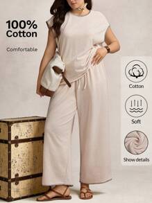 Zelara Plus Size Women 2Pcs Set Contrast Color Ruffle Short Sleeve Top & Wide Leg Linen Pants,Beige,Summer,Casual,Curve,Loungewear Outfit Old Money Style - Apricot - View 1