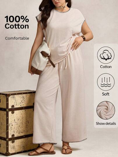 Zelara Plus Size Women 2Pcs Set Contrast Color Ruffle Short Sleeve Top & Wide Leg Linen Pants,Beige,Summer,Casual,Curve,Loungewear Outfit Old Money Style