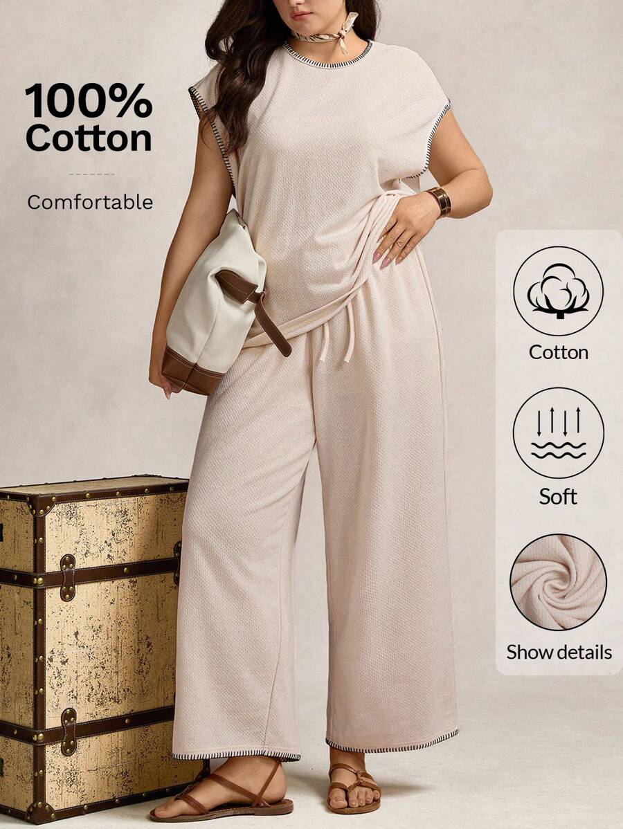 Zelara Plus Size Women 2Pcs Set Contrast Color Ruffle Short Sleeve Top & Wide Leg Linen Pants,Beige,Summer,Casual,Curve,Loungewear Outfit Old Money Style - Apricot - View 1