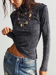 Bohemela 女士纯色针织长袖高领插肩休闲T恤高领上衣长袖上衣女式立领上衣 - 黑色 - 查看 5