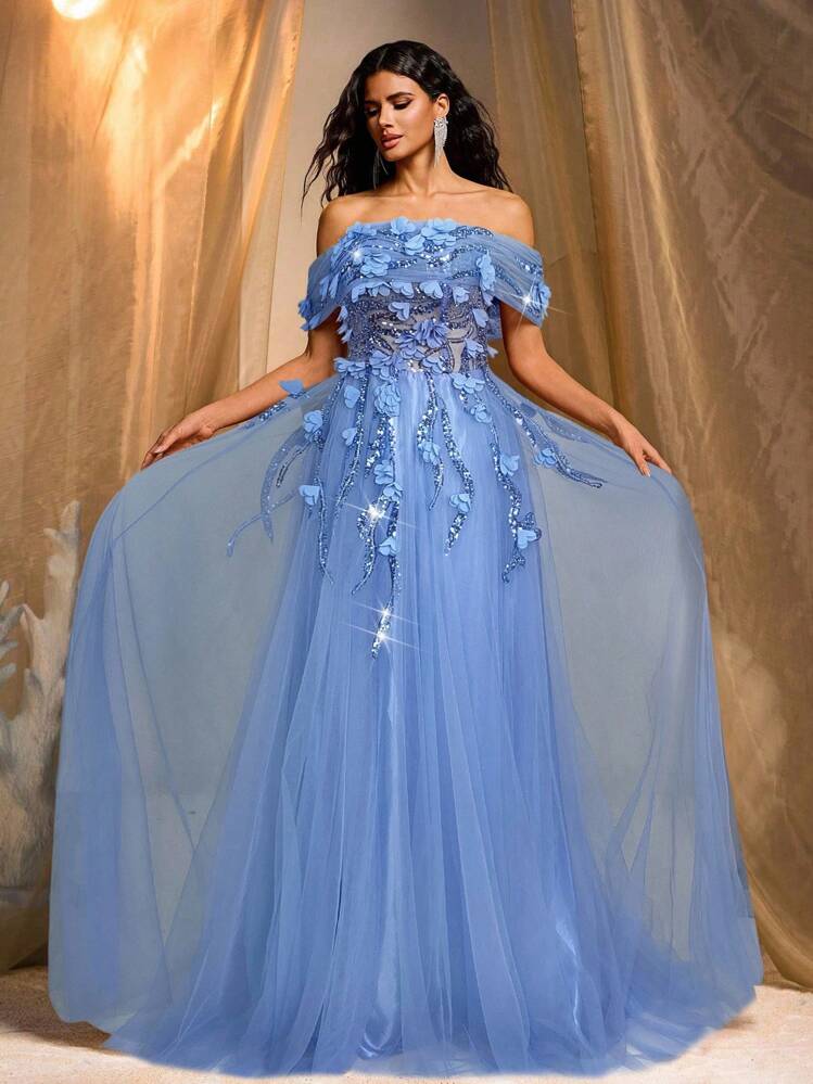 Glamrae Elegant Luxurious 3D Floral Embroidery Lace Patchwork Tulle Maxi Skirt, Suitable For Wedding, Party, Vacation, Ball Gown (Heavy Embroidery) - Blue - View 5