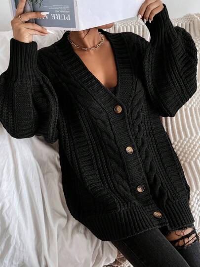 SoleilVie Women Black Oversized Cable Knit Cardigan,Winter Everyday Loose Single-Breasted Long Sleeve Knitted Sweater,Casual Fall University Clothes For Women