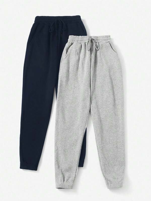 Cloudara 2 Pcs Elastic Waist Drawstring Sweatpants With Slanted Pockets