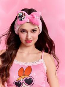 THE POWERPUFF GIRLS X SHEIN 1 件花朵、泡泡、毛茛刺绣柔软蝴蝶结头带，浴室和淋浴头带，适合洗脸和化妆，粉色发带 - 粉色 - 查看 4