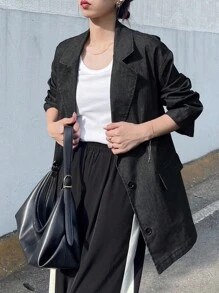 FRIFUL 女士宽松纯色牛仔效果翻领休闲西装外套，秋季商务着装