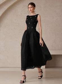 Modelyn Đầm suông cổ tròn xếp ly không tay đính đá sang trọng cho nữ - màu đen - Xem 4