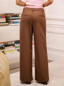 lacRébo Brown Wide-Leg Trousers With Layered Look And Contrast Striped Waistband Going Out Back To School Spring Summer - Brown - View 2