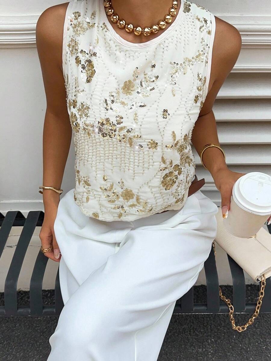 SHEIN Essnce Siren Gaze 女士亮片刺绣圆领无袖宽松背心，性感亮片露背吊带衫，新款串珠上衣，圆领上衣，女士沙滩装，奶油黄上衣，海岛度假装，优雅女士露背亮片上衣，演唱会装，狂欢节装，伊比沙岛装，串珠上衣，女士西部性感可爱无袖上衣 - 杏色 - 查看 1