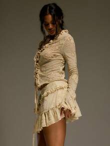 MUSERA ملابس علوية شبكي مزهر مع ربطة أمامية وكشكشة، طراز غربي ريفي خريفي شتوي، ملابس شارع أنيقة وجذابة من طراز Y2K وتسعينيات، مناسب لحفلات الربيع والصيف - لون مشمشي - مشاهدة 3