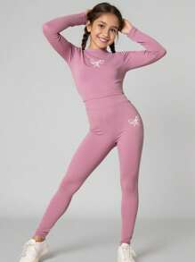 JNSQ Tween-Mädchen 2-teiliges Outfit-Set mit langärmligem Oberteil mit Schmetterlingsdruck und taillierter Yogahose, geeignet für Schule, Party, Lässig und Sport