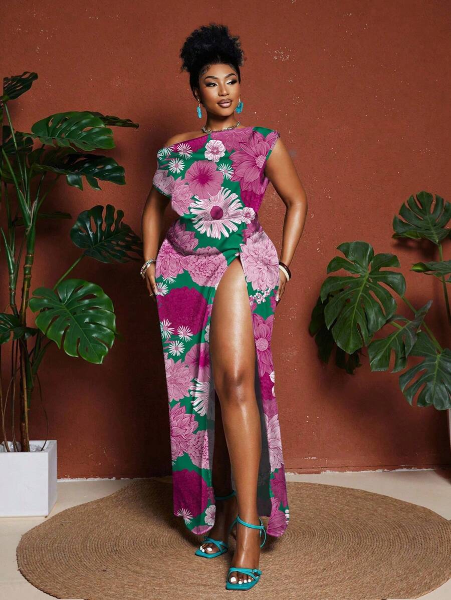 Maweii 加大码彩色花卉印花不对称领口高开叉时尚长裙 - 彩色 - 查看 1