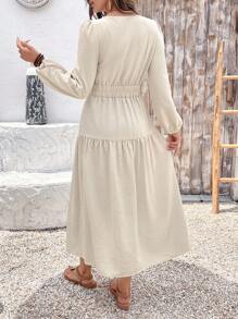 EMERY ROSE Rochie lungă casual de damă, cu mâneci bufante și decolteu în V, de culoare caisă - Caisă - Vizualizare 2