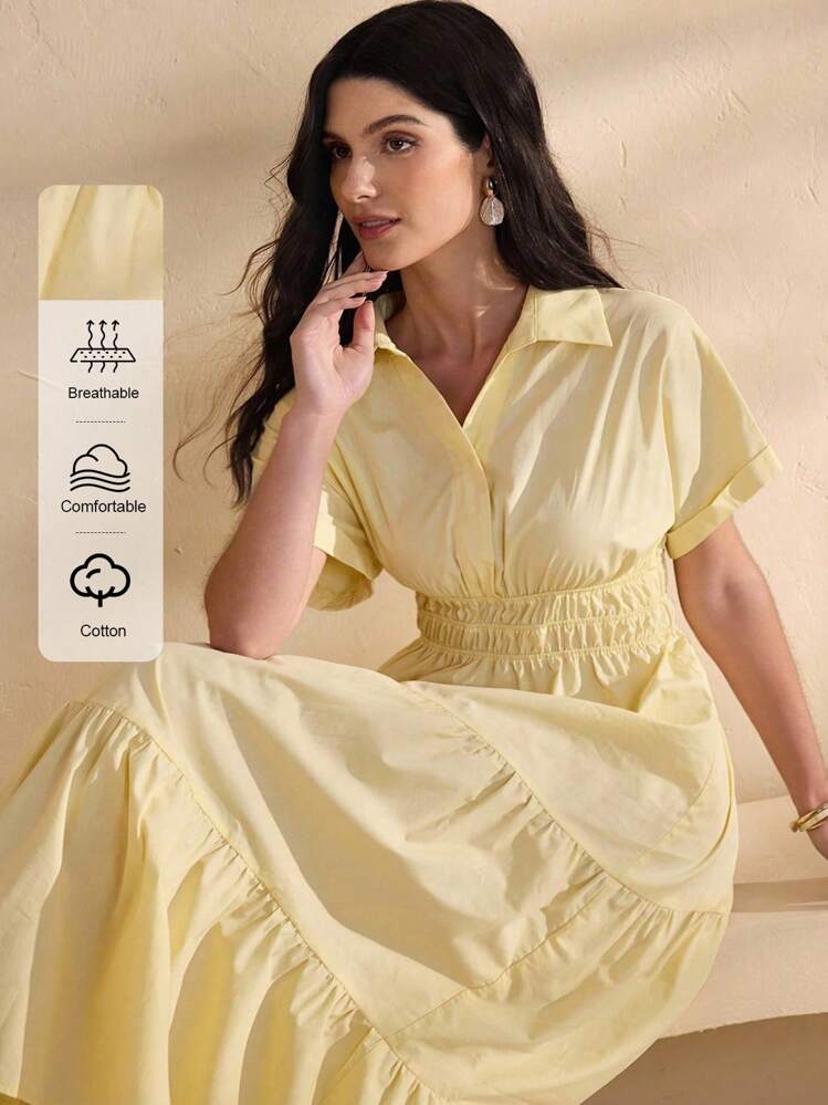 Modelyn Plus Size Women's Fashion Ruched Waist Elastic Collar Cotton Dress, Yellow - Yellow - View 1