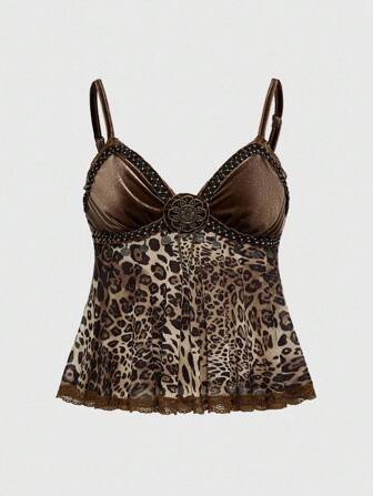 Hippie Blusa tipo babydoll de mujer con estampado de leopardo de terciopelo patchwork vintage (incluye accesorio vintage en el pecho)