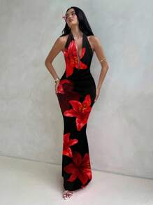 Aloruh 性感热带红色花卉印花垂坠领长裙，适合女士节日、派对、音乐节、优雅场合、修身、波西米亚风格 - 彩色 - 查看 3
