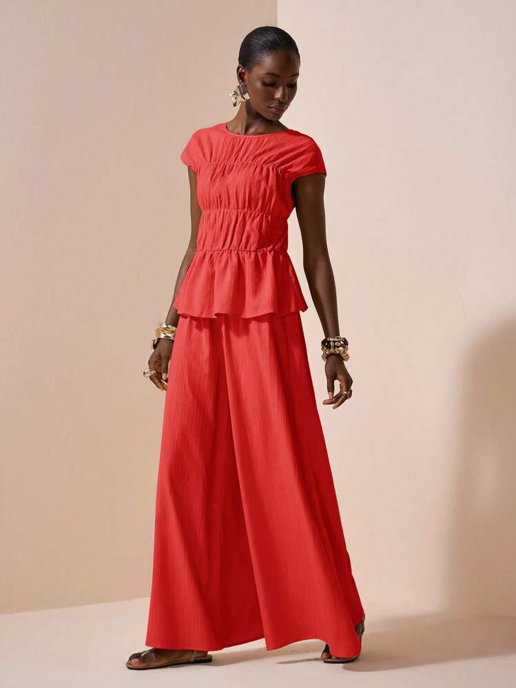 Zivah Red Summer Elegant Vacation Holiday Ruched Round Neck Short Sleeve Blouse With Ruffle Hem And Wide Leg Pants 2 Pieces Set Textured Fabric Student Wear - Red - View 4