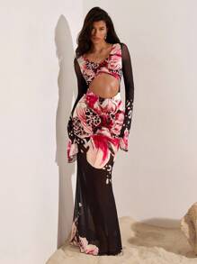 Opulessa 女式花卉印花露背喇叭袖连衣裙，性感度假连衣裙，女式花朵连衣裙，花卉礼服，女式度假服 - 黑色 - 查看 5