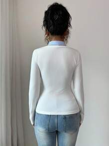 Elenzga Women's Autumn/Winter 2 In 1 Striped Shirt Collar T-Shirt Fall Cloth For Women - White - View 2