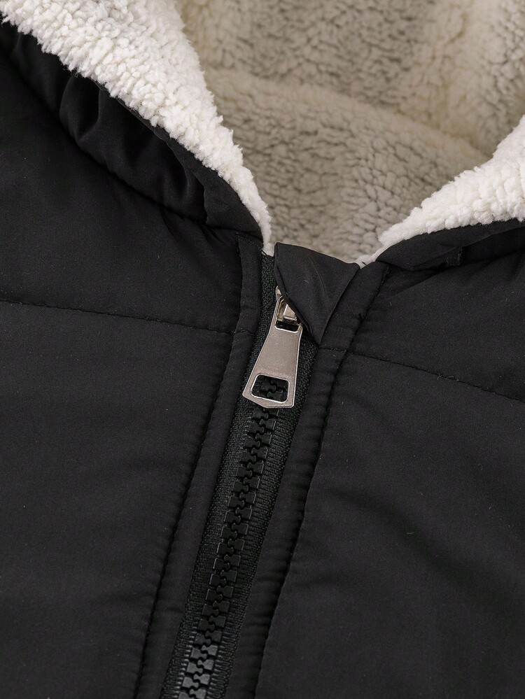 年轻女孩冬季新款黑色拉链连帽保暖内衬加厚真口袋休闲经典棉服外套，秋冬 - 黑色 - 查看 5