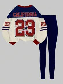 SHEIN Leap Crew 青少年女孩休闲复古字母和数字徽章图案运动衫和紧身裤两件套，学院风，返校，时尚运动服，圆领舒适长袖，适合秋冬季 - 彩色 - 查看 3