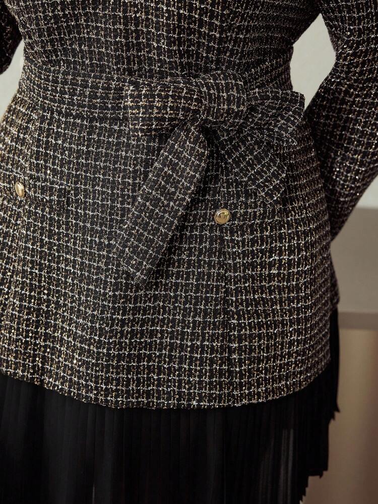 ROBE MINI PLISSÉE PATCHWORK EN TWEED À MANCHES LONGUES GRANDE TAILLE, AUTOMNE/HIVER