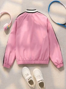 Explorewe 超大号女童休闲条纹字母印花拼色风衣外套，宽松版型，舒适百搭，适合秋季、春季、冬季、日常穿着、通勤、户外、运动、学校、街头服饰、派对、拍照