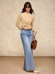 House of One Old Money Round Neck Twisted Long Sleeves Solid Knit Top Women Autumn Casual Wear Twist Front Top Fall Outfits Business Professional Women Business Casual Woman