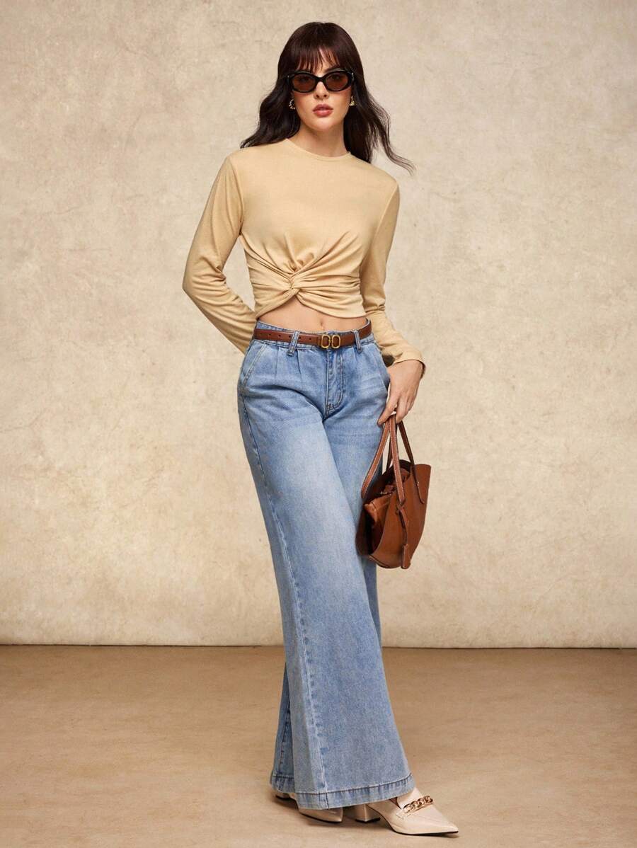 House of One Old Money Round Neck Twisted Long Sleeves Solid Knit Top Women Autumn Casual Wear Twist Front Top Fall Outfits Business Professional Women Business Casual Woman