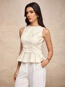 House of One Old Money Round Neck Jacquard White Top With Layered Flared Waist Hem Detail Women Elegant Summer Autumn White Peplum Top Peplum Tops Peplum Top Women White Elegant Top