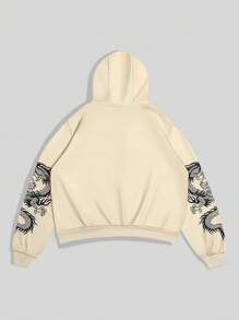 ROMWE MEN Anime 男士休闲龙纹连帽卫衣，秋冬 - 杏色 - 查看 2