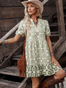 LanaWest 女式印花宽松娃娃裙，休闲乡村风格，适合日常穿着