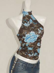 SHEIN ICON Y2K 夏季外出波西米亚西部乡村音乐会女式性感露背花卉印花挂脖上衣，夏季 - 棕色 - 查看 7