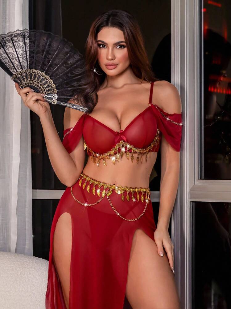 Fantasy Costume 3pcs Sexy Mesh Gold Leaf Tassel Chain Top & Slit Maxi Skirt & Thong Lingerie Set, Going Out - Burgundy - View 6