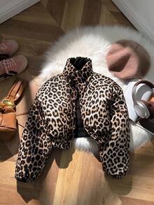 SHEIN Tween Girls Reversible Leopard Print Black Zip-Up Long Sleeve Padded Coat Fall Winter - Black - View 3