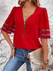 SHEIN LUNE 女士纯色前拉链 3/4 袖宽松休闲衬衫 - 紅色 - 查看 6