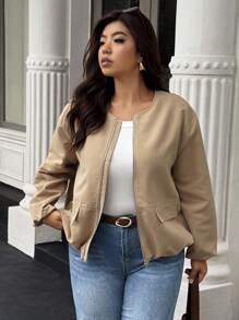 SHEIN LUNE Áo khoác trơn màu thường ngày cỡ lớn - Màu Khaki - Xem 4