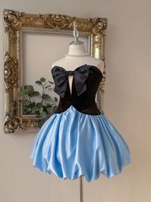 SHEIN Belle Elegant, Romantic, Black & Blue Satin Strapless Tube Bow Decor Dress, Birthday Party Prom Wedding Guest Dress