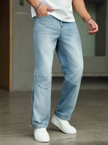 Manfinity Homme Light Wash Straight Leg Patchwork Zipper Denim Jeans, Casual Street Style, Spring/Summer - Blue - View 5