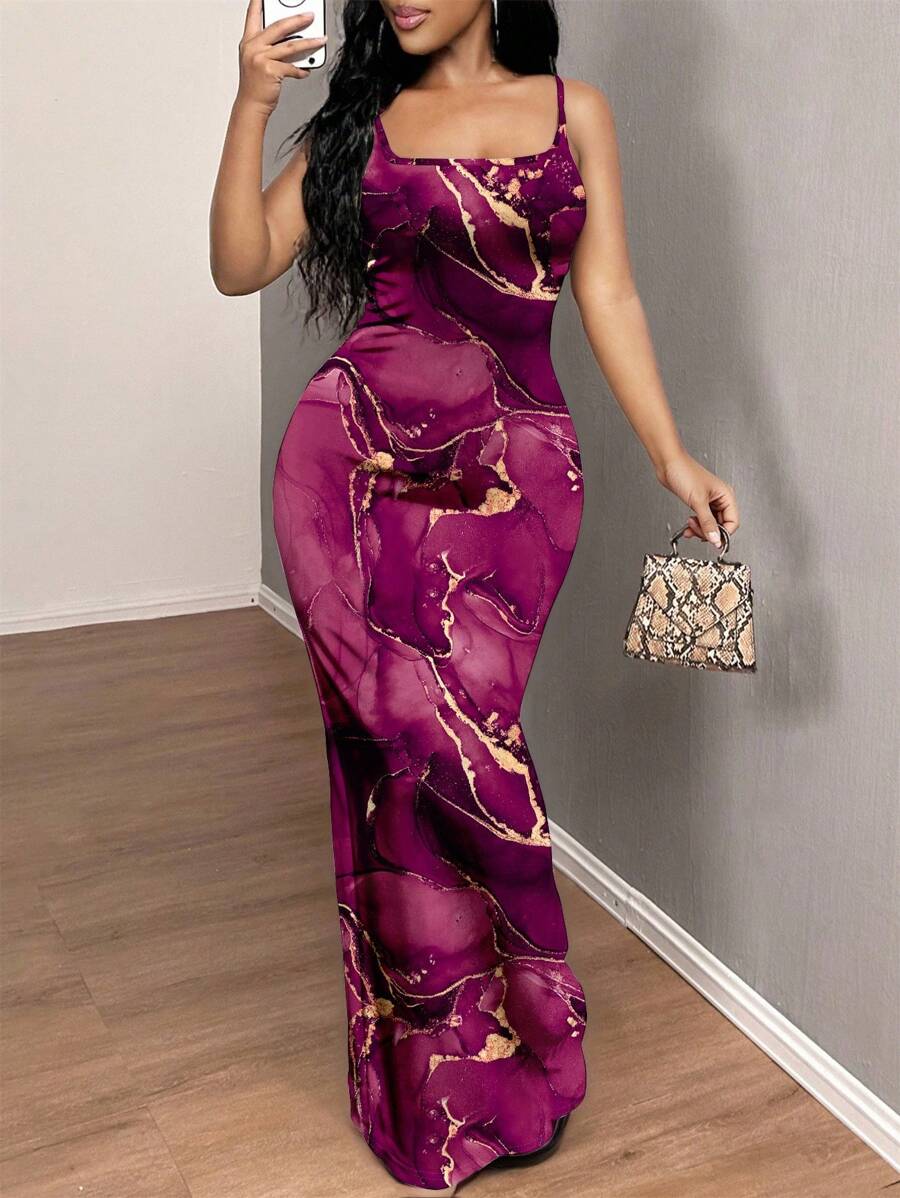 SHEIN SXY 女士休闲水墨画图案紧身连衣裙，适合夏季 - 紫色 - 查看 1