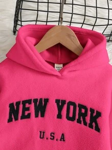 SHEIN 年轻女孩 2 件/套摇粒绒字母刺绣落肩弧形下摆连帽衫和紧身裤套装，运动风格，非常适合秋冬季休闲、日常穿着和学校日常穿着 - 玫紅色 - 查看 4