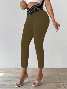 SHEIN LUNE Women's V-Waist Slim Fit Casual Summer Leggings - Army Green - View 4