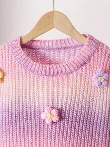 SHEIN Playful Pals Young Girl' Handmade Gradient Knitted Flower Sweater, Cute Casual Round Neck Lantern Sleeve Pullover Girls Knit Sweater Kids Sweaters For Girls Flower Sweater Girl Girls Jumper Ombre Sweater Kids Fall Winter - Multicolor - View 6