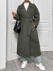 EURMUSE Lapel Neck Double Breasted Slant Pocket Waist Belt Tie-Up Woolen Overcoat - Army Green - View 6