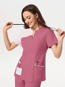 TaskEZ Conjunto de uniforme de pijama médico con cuello en contraste, bolsillo y manga corta - Rosa Oxidada - Ver 8