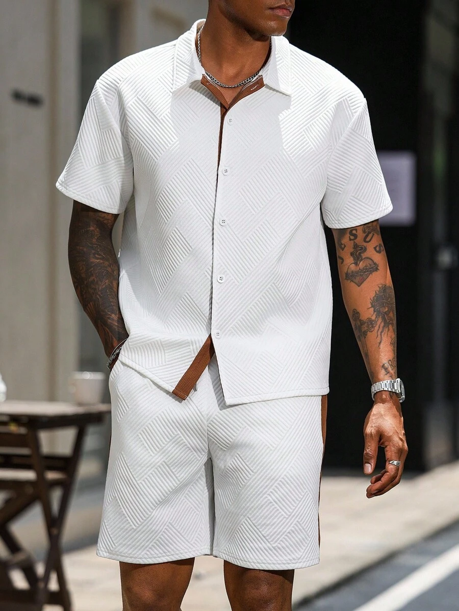 Manfinity Homme 男士撞色短袖衬衫和抽绳短裤套装