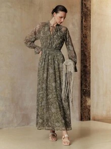 Arave 编织花卉印花圆领荷叶边饰 V 领长喇叭袖优雅休闲户外通勤度假女士连衣裙，春夏秋季 - 綠色 - 查看 7