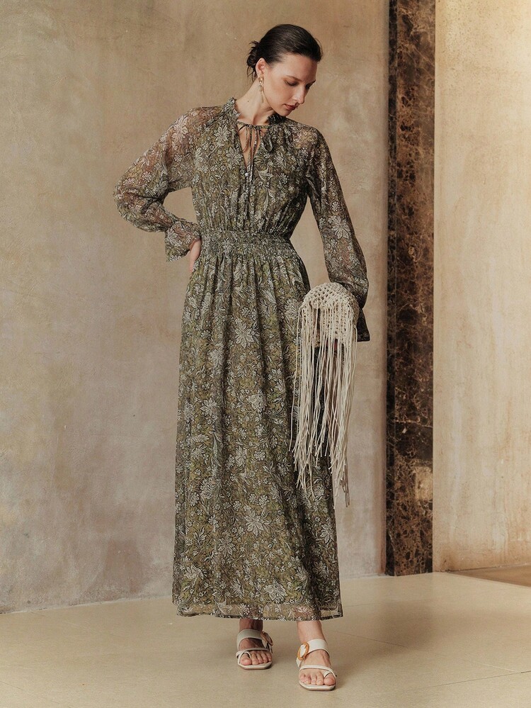 Arave 编织花卉印花圆领荷叶边饰 V 领长喇叭袖优雅休闲户外通勤度假女士连衣裙，春夏秋季 - 綠色 - 查看 7