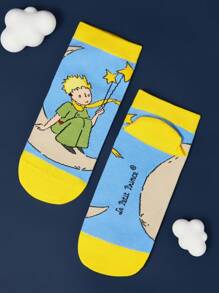 LE PETIT PRINCE X SHEIN 4 双柔软透气吸湿排汗休闲女士短袜时尚可爱卡通图案短袜加固脚趾和脚跟，适合所有季节，百搭，月亮和星星